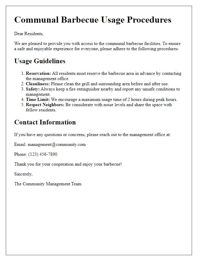 Letter template of communal barbecue usage procedures for residents.