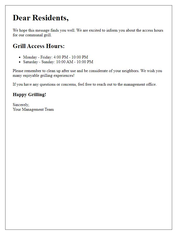 Letter template of communal grill access hours for residents