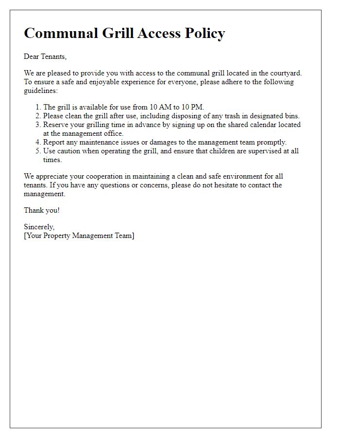 Letter template of communal grill access policy for tenants.