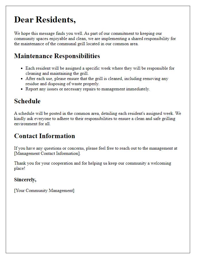 Letter template of communal grill maintenance responsibility for residents