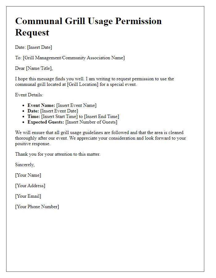 Letter template of communal grill usage permissions for special events