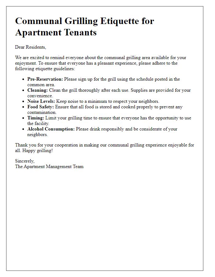 Letter template of communal grilling etiquette for apartment tenants.