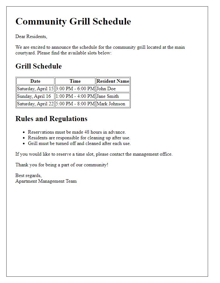 Letter template of community grill schedule for apartment residents.