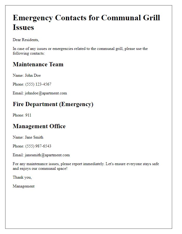 Letter template of emergency contacts for communal grill issues for residents