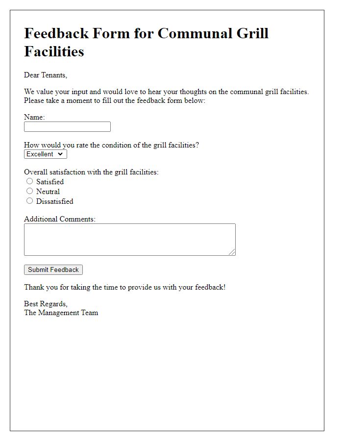 Letter template of feedback form for communal grill facilities from tenants