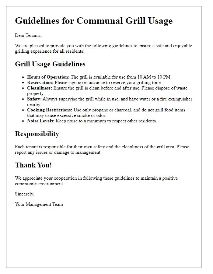 Letter template of guidelines for communal grill usage for tenants