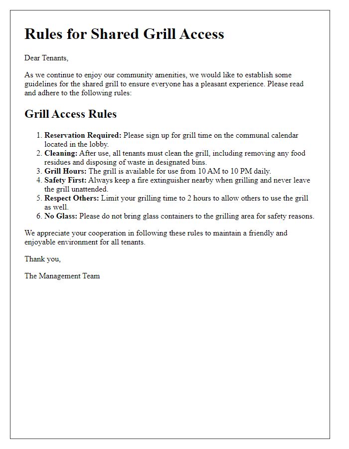 Letter template of rules for shared grill access among tenants.