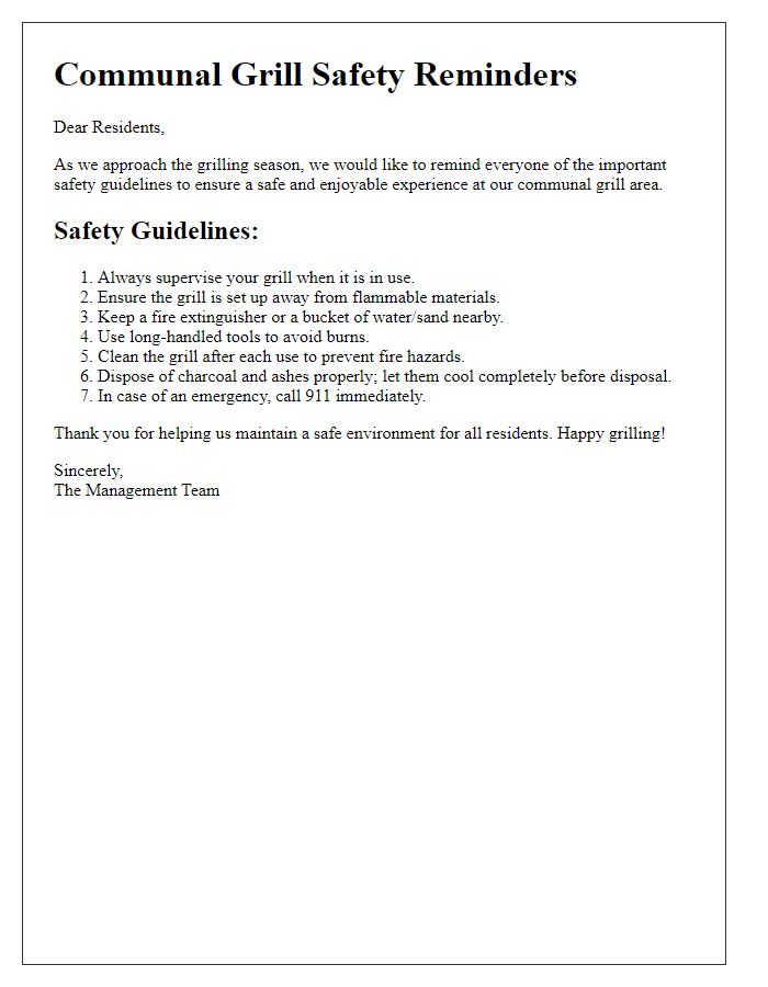 Letter template of safety reminders for communal grill use