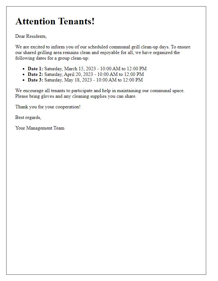 Letter template of scheduled communal grill clean-up days for tenants