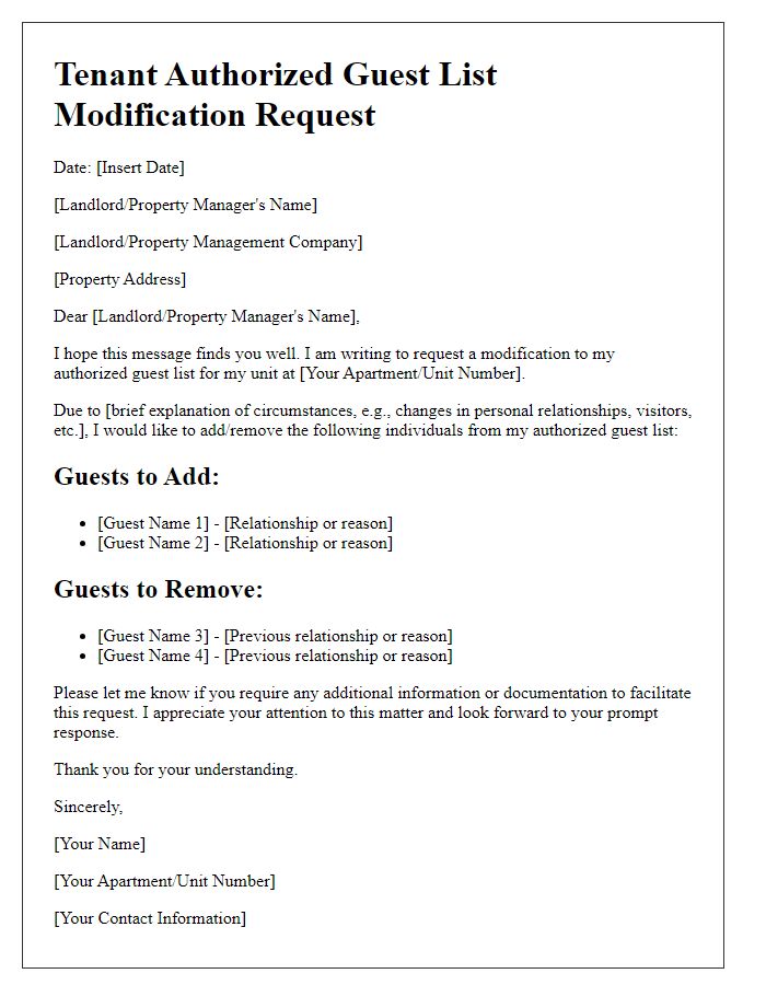 Letter template of tenant authorized guest list modification request