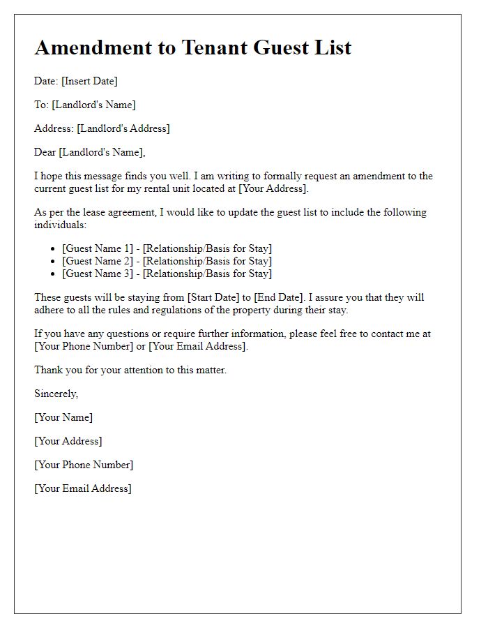 Letter template of tenant guest list amendment