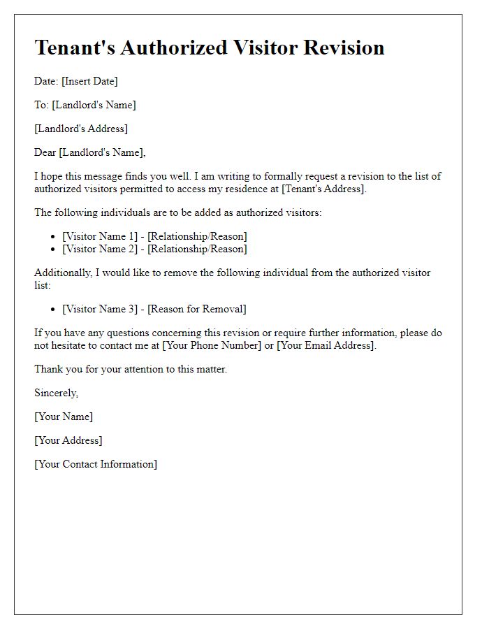 Letter template of tenant's authorized visitor revision