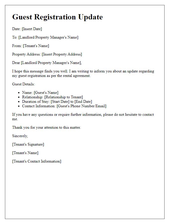 Letter template of tenant's guest registration update