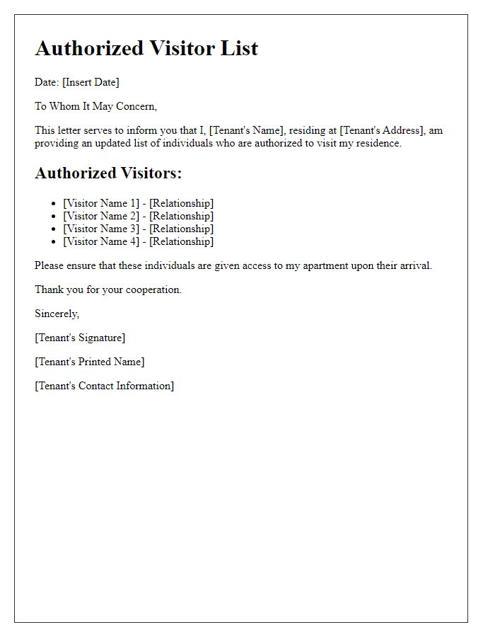 Letter template of tenant's new authorized visitor list