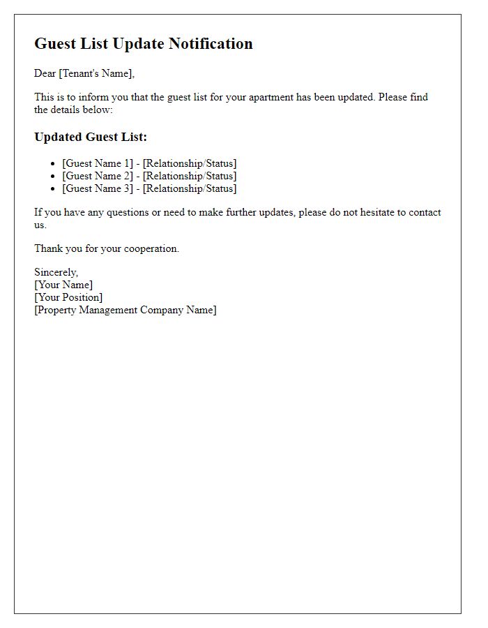 Letter template of tenant updated guest list notification