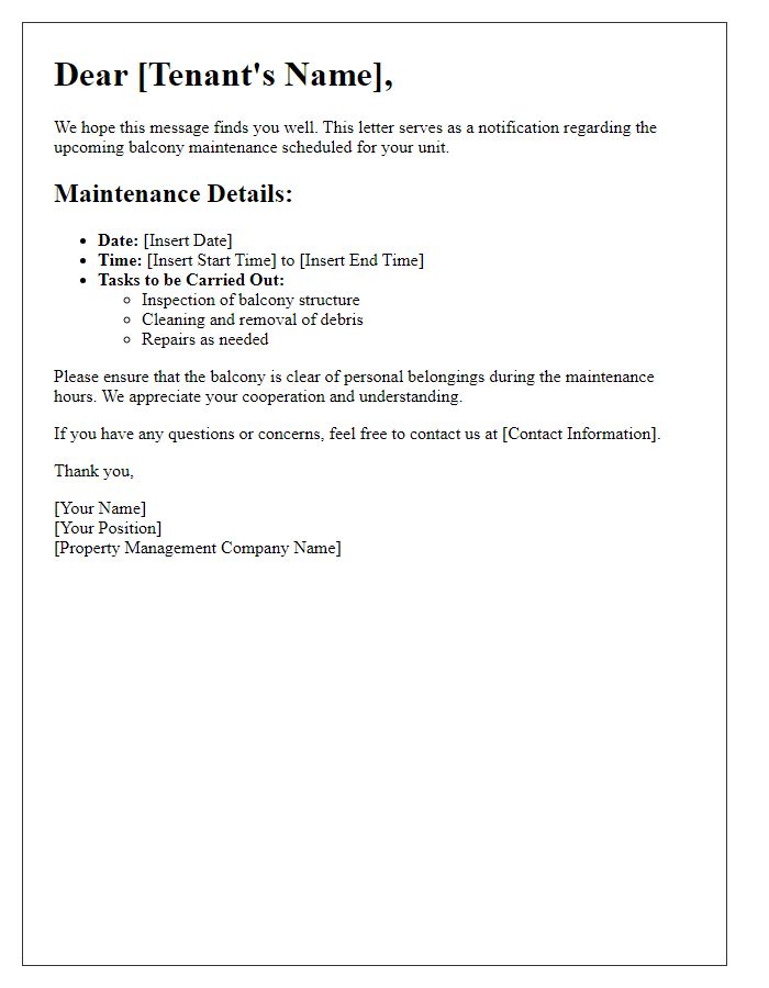 Letter template of balcony maintenance schedule for tenants