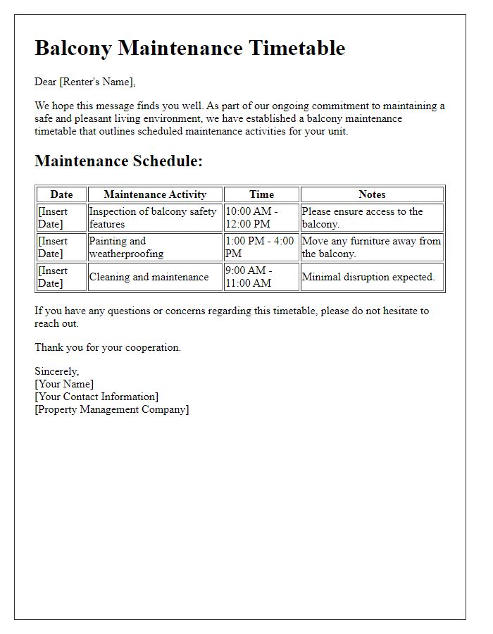 Letter template of balcony maintenance timetable for renters