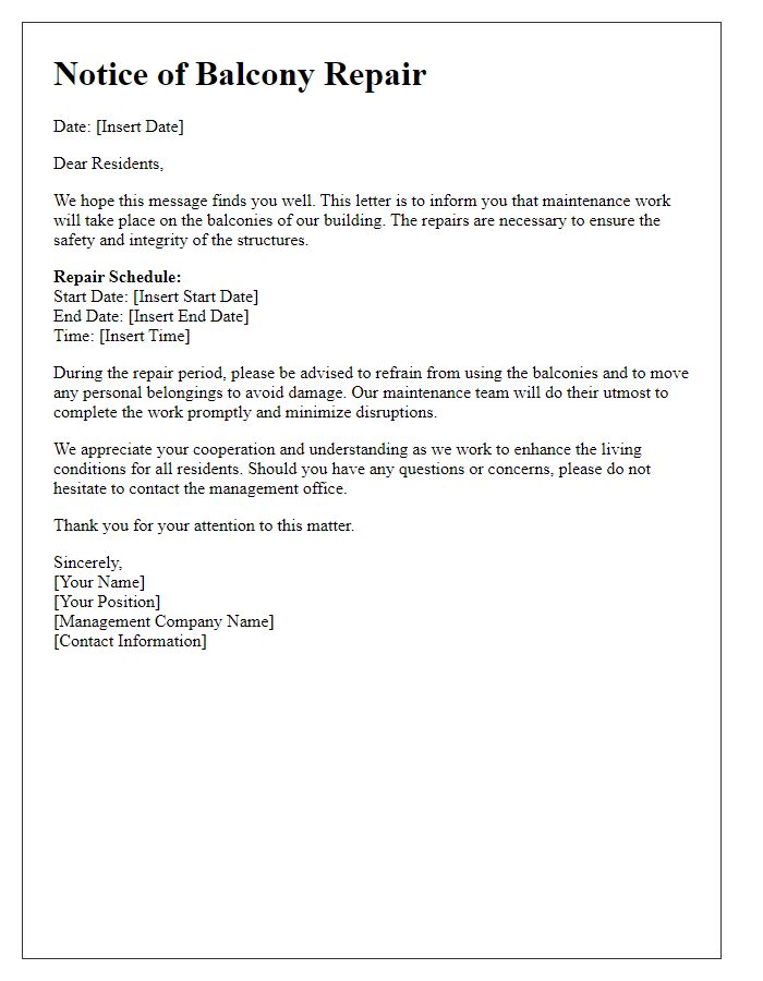 Letter template of balcony repair notification for resident tenants