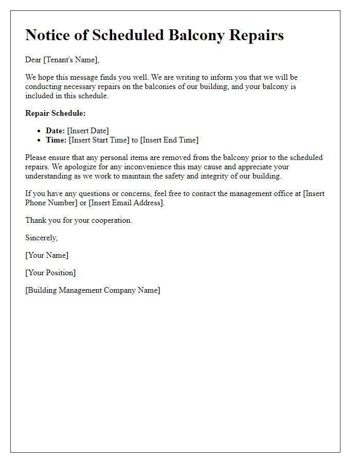 Letter template of scheduled balcony repairs for tenants