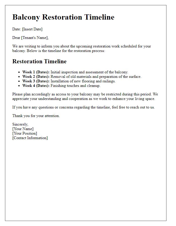 Letter template of tenant balcony restoration timeline