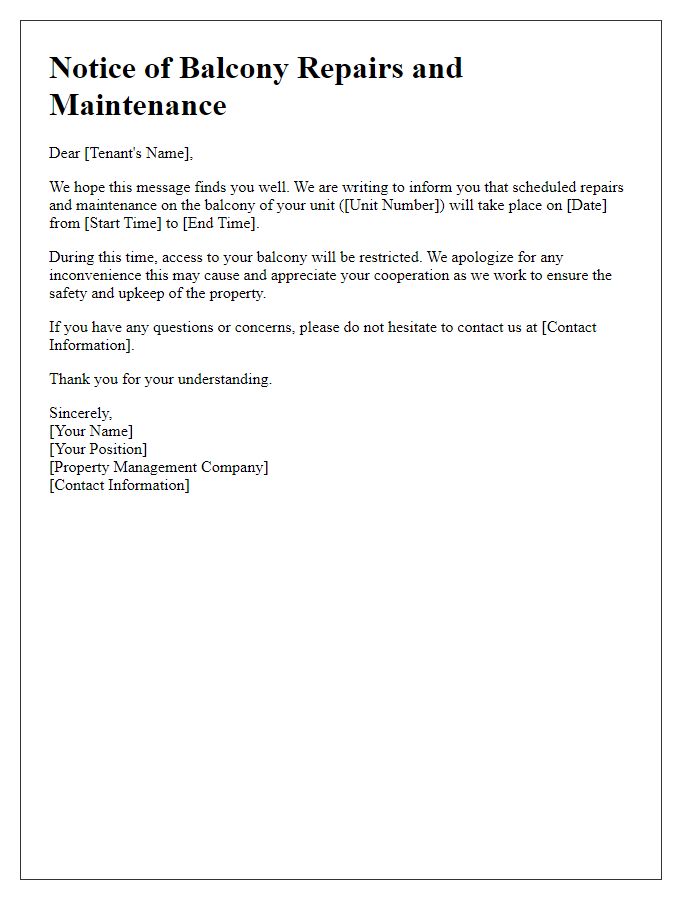 Letter template of tenant notification for balcony repairs and maintenance