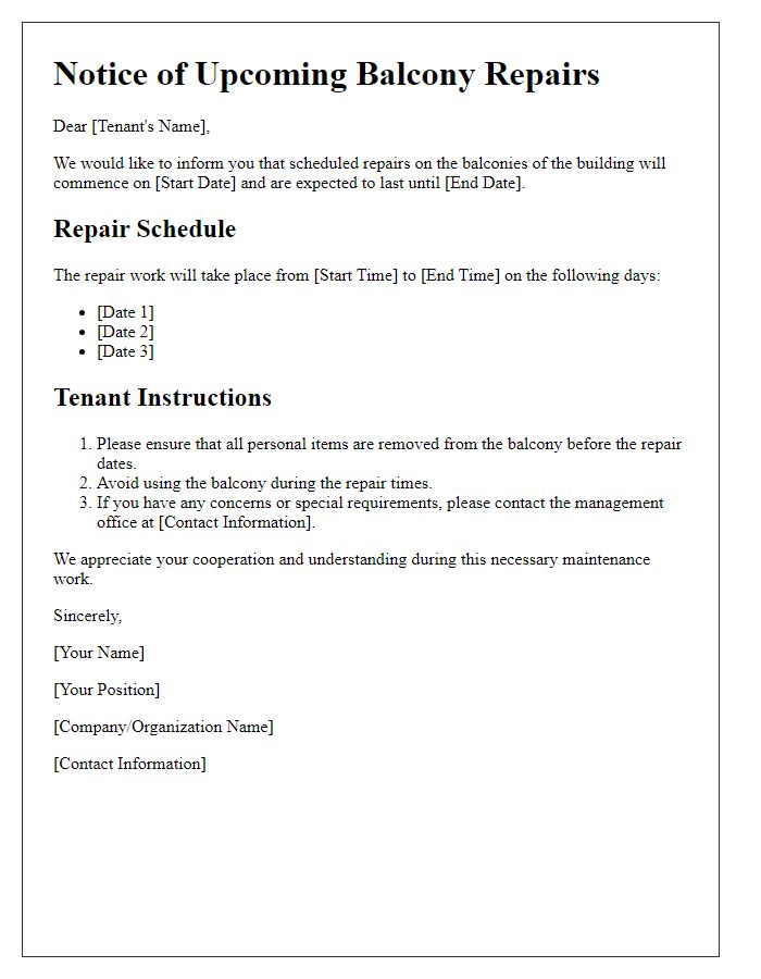 Letter template of upcoming balcony repairs and tenant instructions