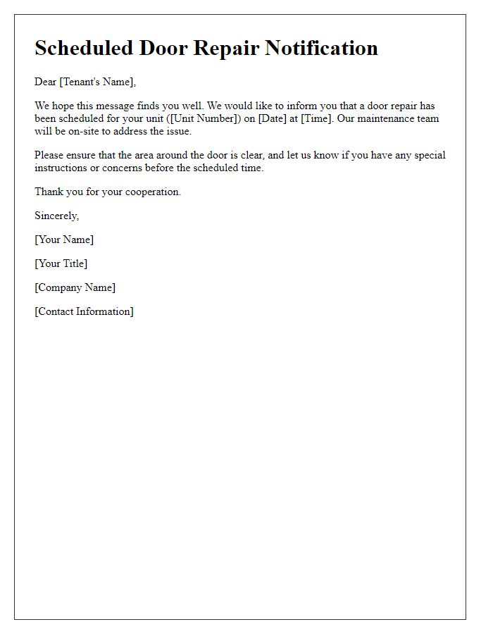 Letter template of communication for scheduled tenant door repair