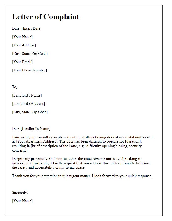 Letter template of complaint about malfunctioning tenant door