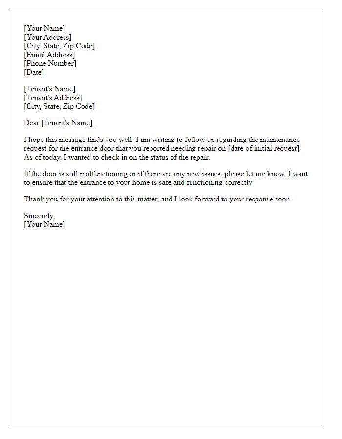 Letter template of follow-up regarding tenant entrance door fix