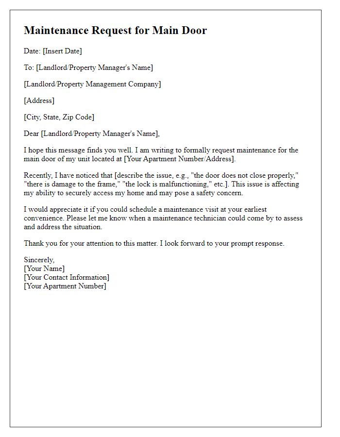 Letter template of maintenance request for tenant's main door