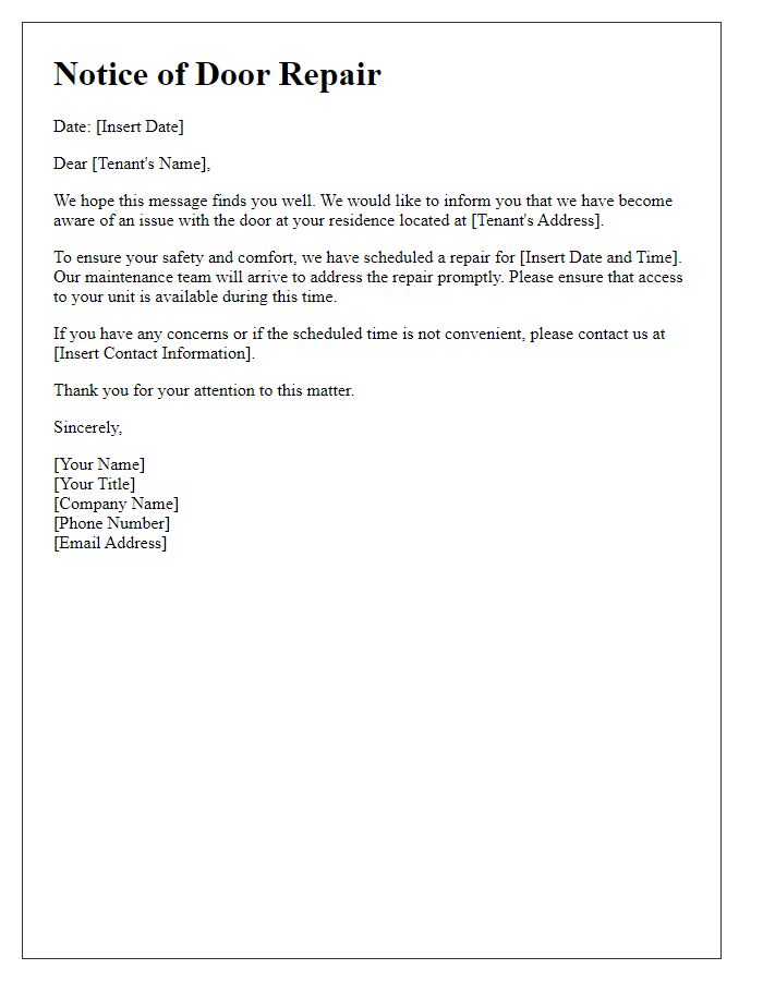 Letter template of notification for tenant door repair issue