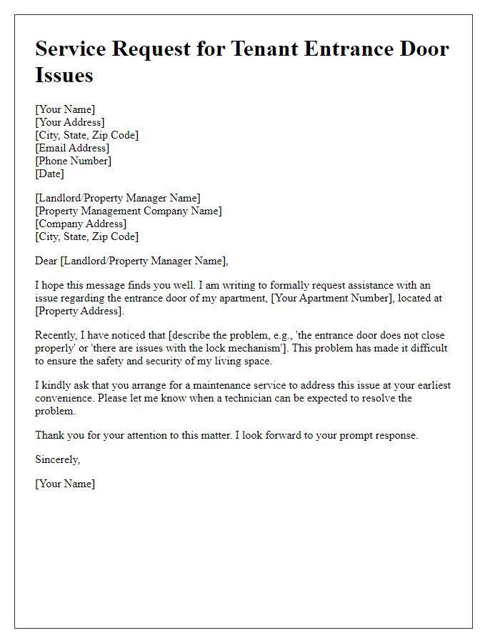 Letter template of service request for tenant entrance door problems