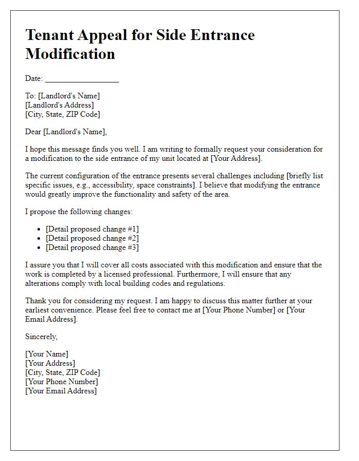 Letter template of tenant appeal for side entrance modification