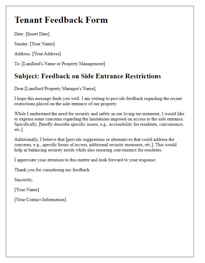 Letter template of tenant feedback on side entrance restrictions