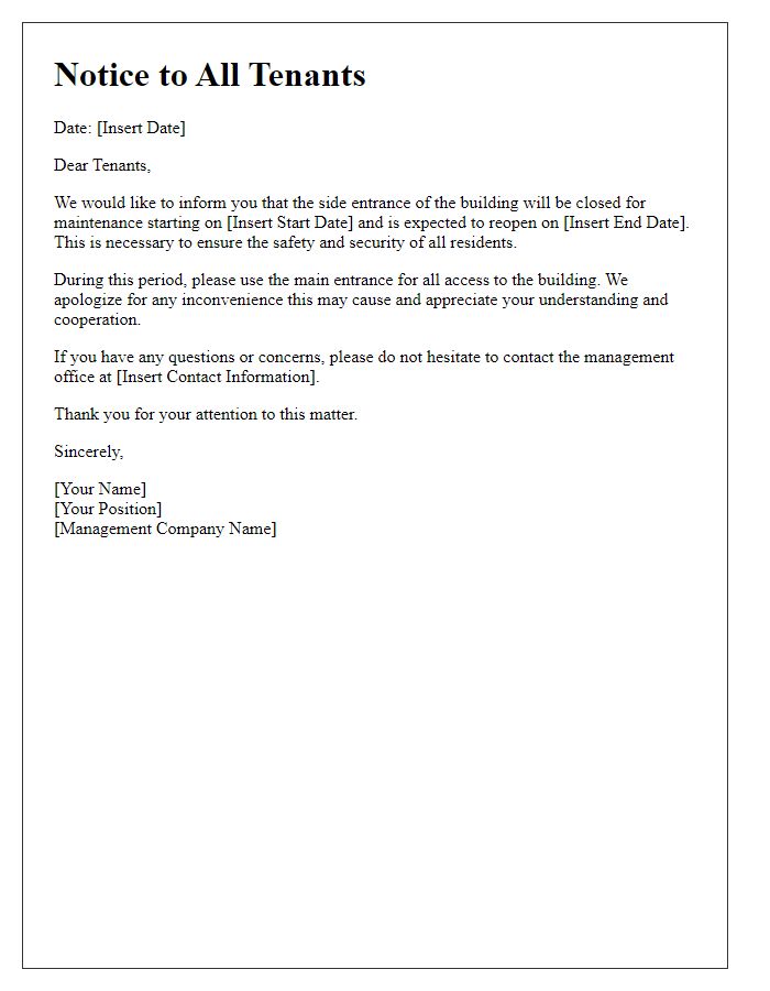 Letter template of tenant notification regarding side entrance closure