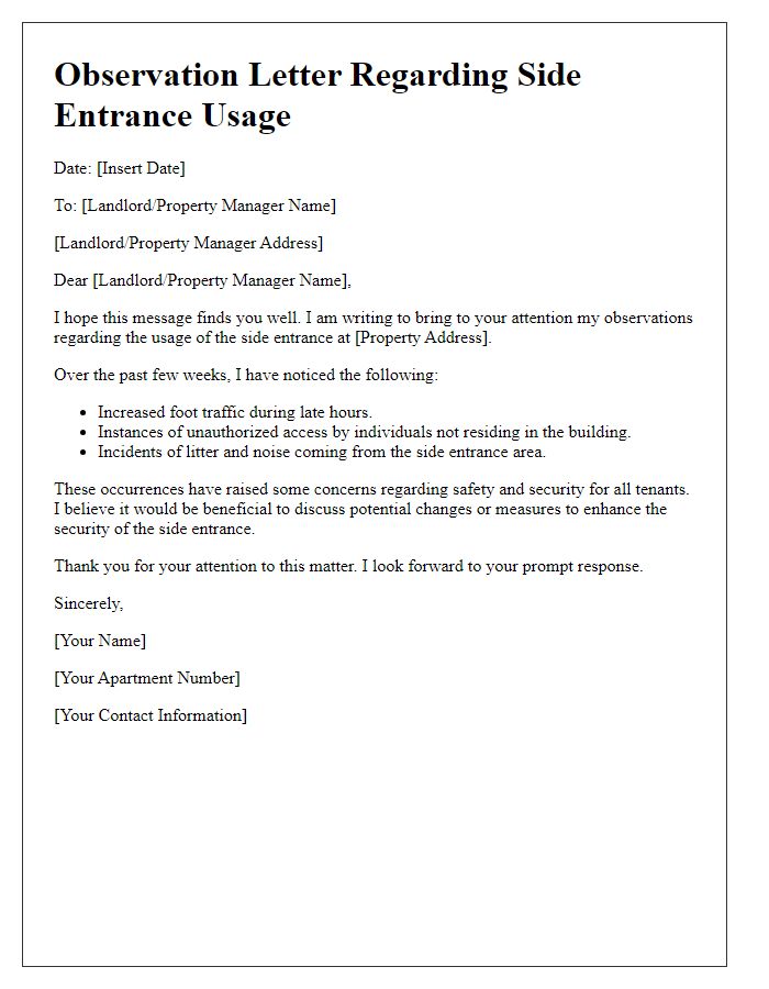 Letter template of tenant observation regarding side entrance usage