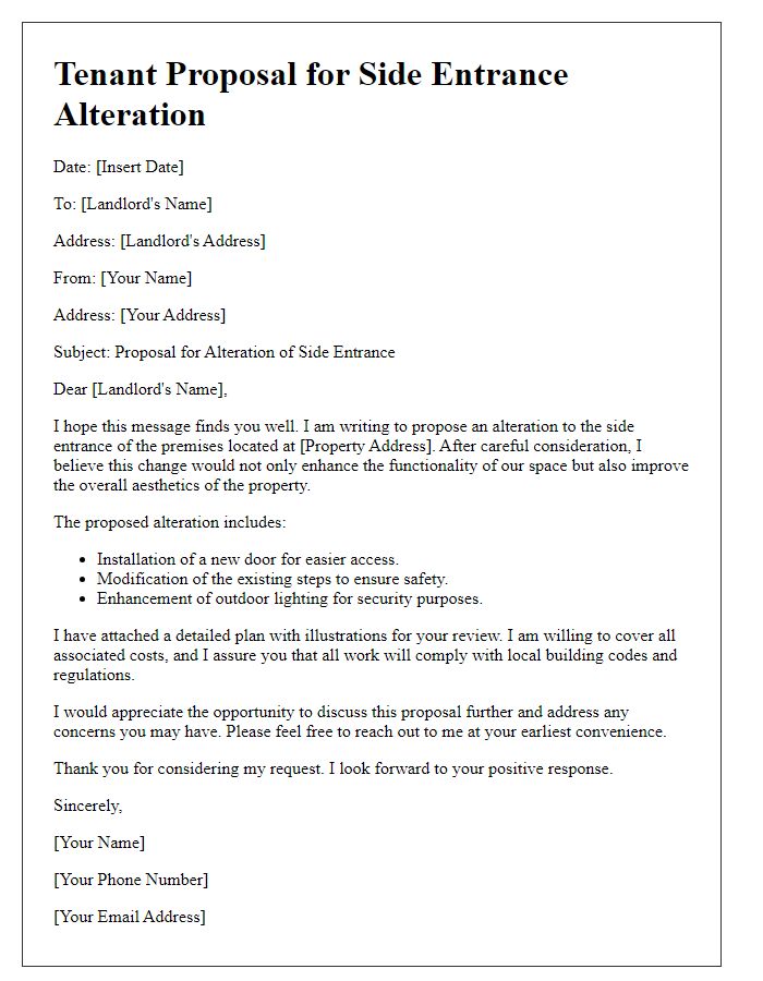 Letter template of tenant proposal for side entrance alteration