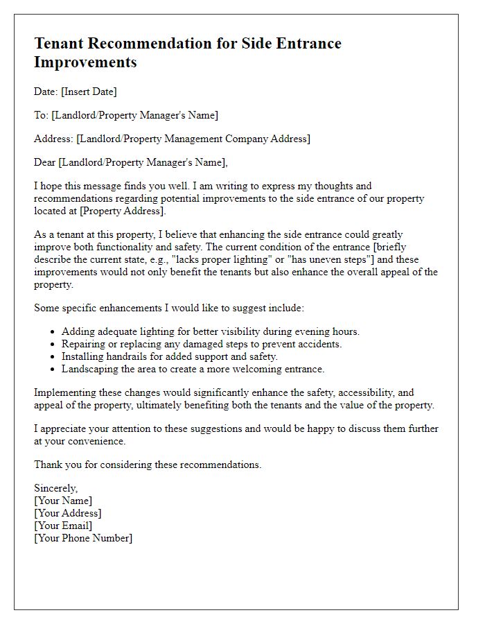 Letter template of tenant recommendation for side entrance improvements