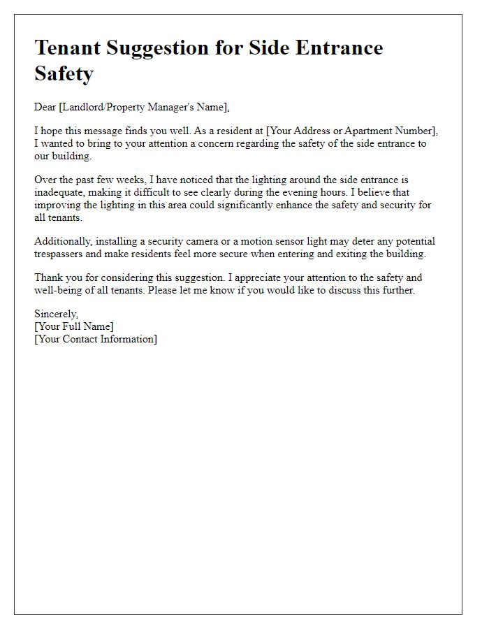 Letter template of tenant suggestion for side entrance safety