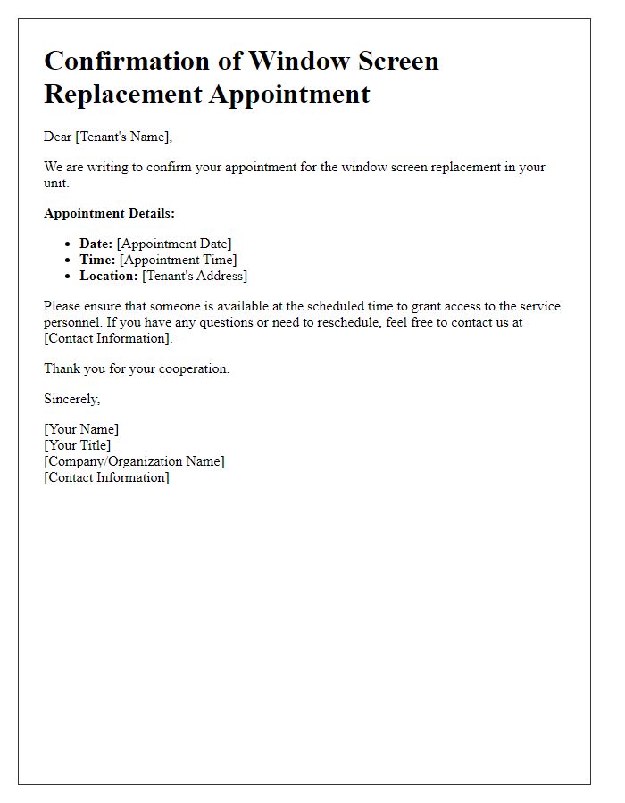 Letter template of confirmation for tenant window screen replacement appointment.