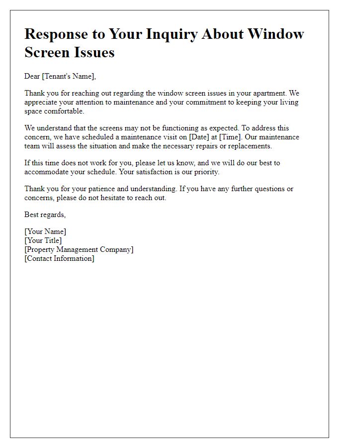 Letter template of tenant inquiry response about window screen issues.