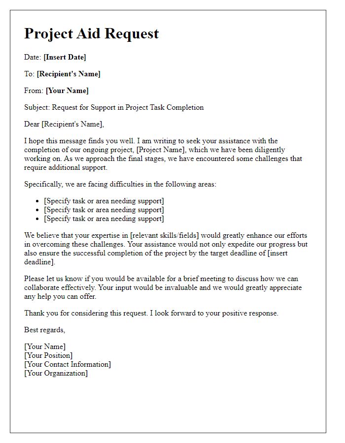 Letter template of aid for project task completion