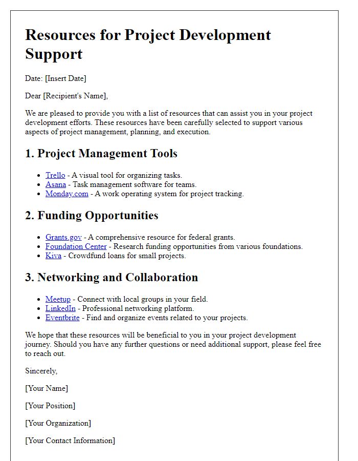 Letter template of resources for project development support