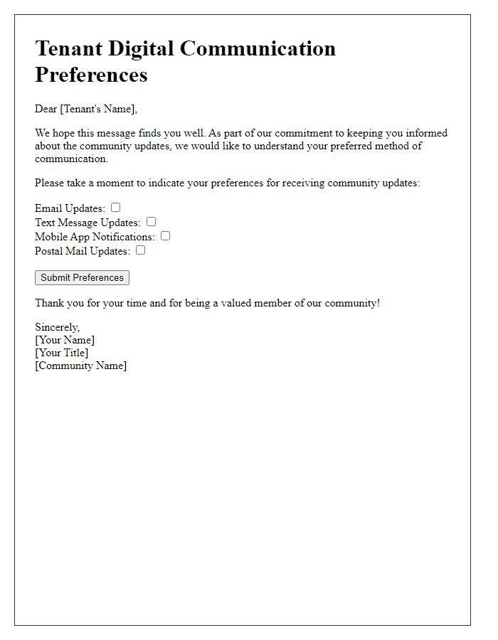 Letter template of tenant digital communication preferences for community updates.