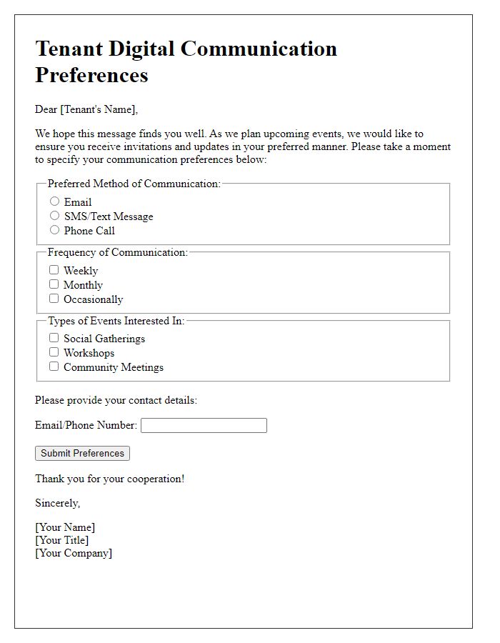 Letter template of tenant digital communication preferences for event invitations.