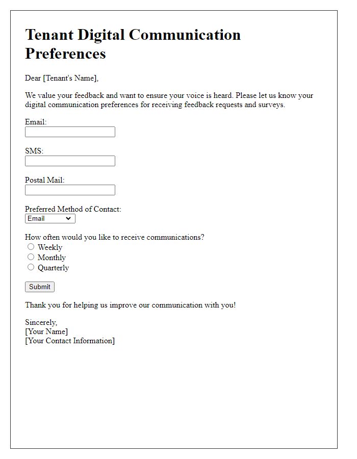 Letter template of tenant digital communication preferences for feedback and surveys.