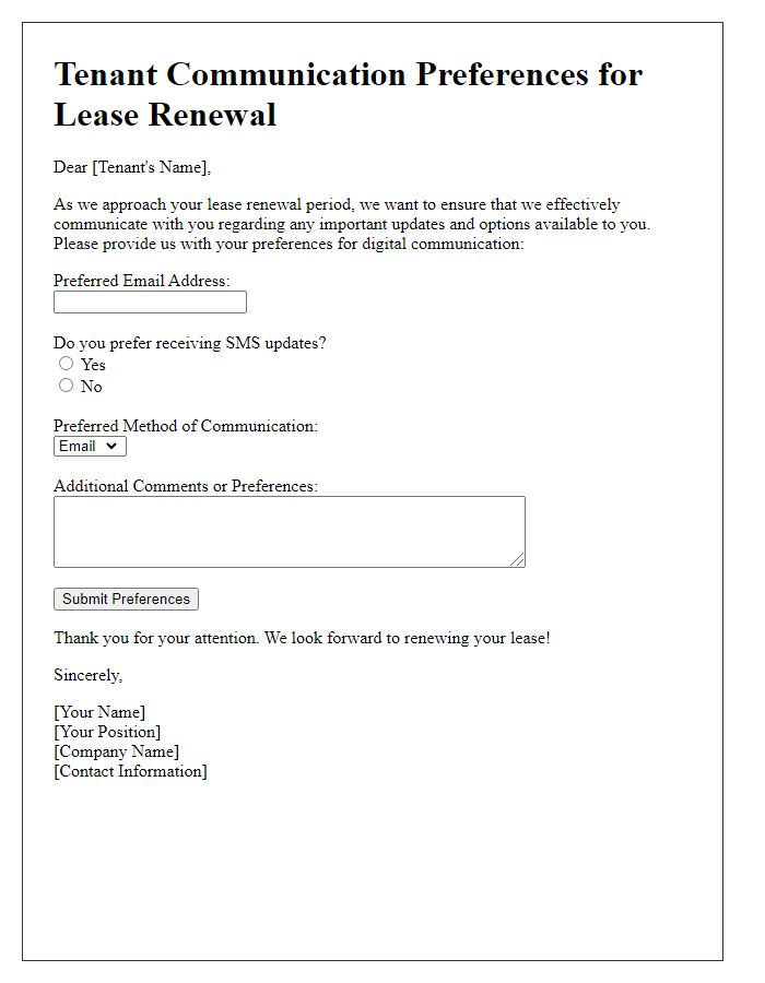 Letter template of tenant digital communication preferences for lease renewals.