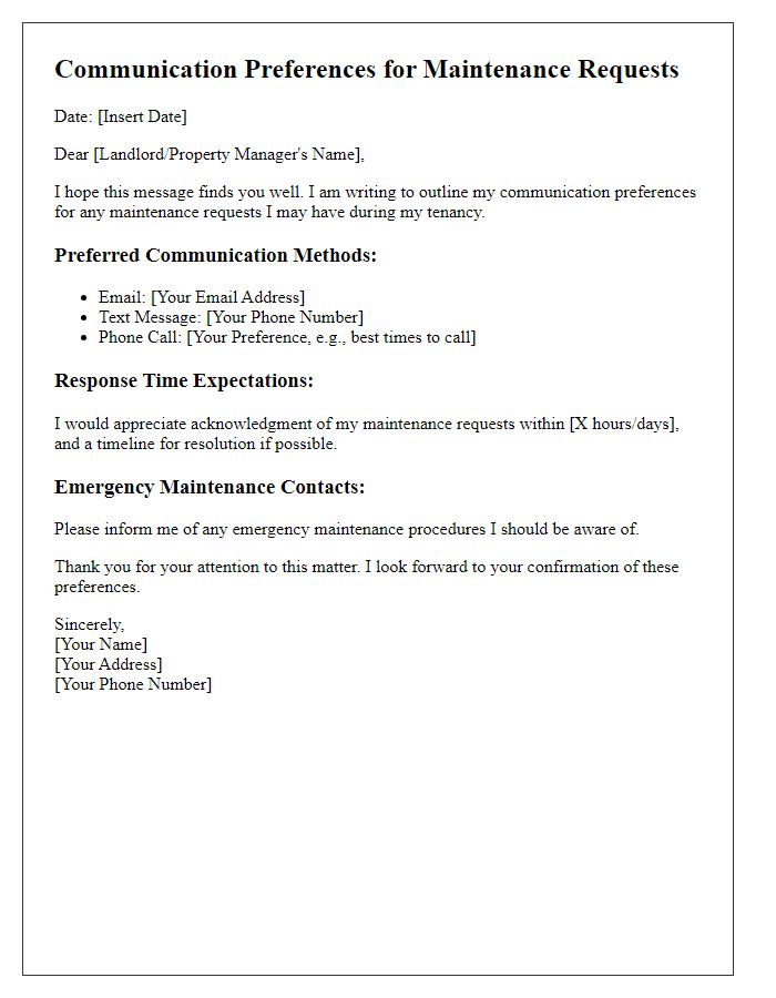 Letter template of tenant digital communication preferences for maintenance requests.