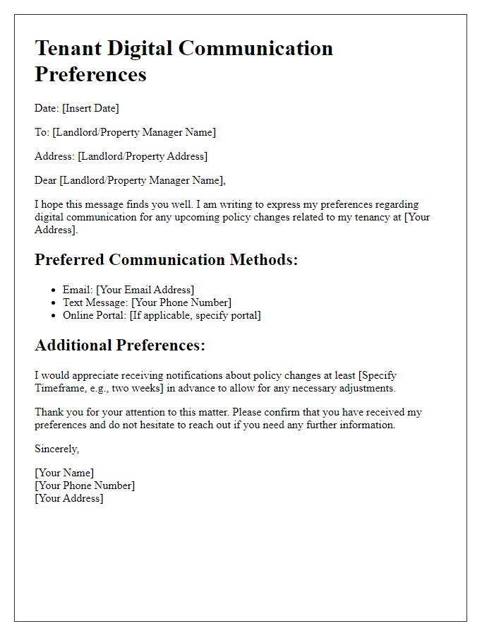 Letter template of tenant digital communication preferences for policy changes.