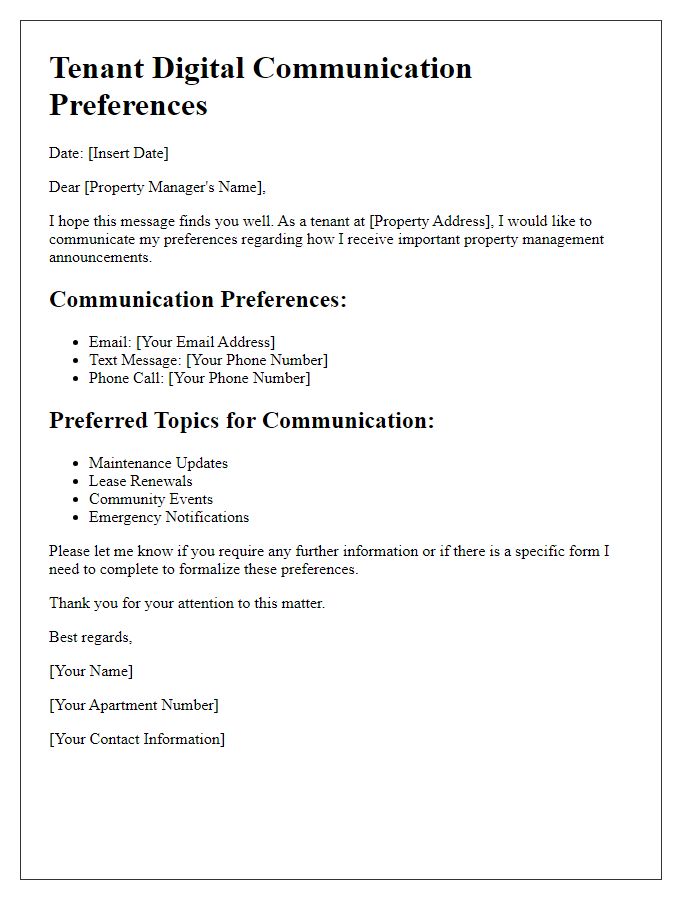 Letter template of tenant digital communication preferences for property management announcements.